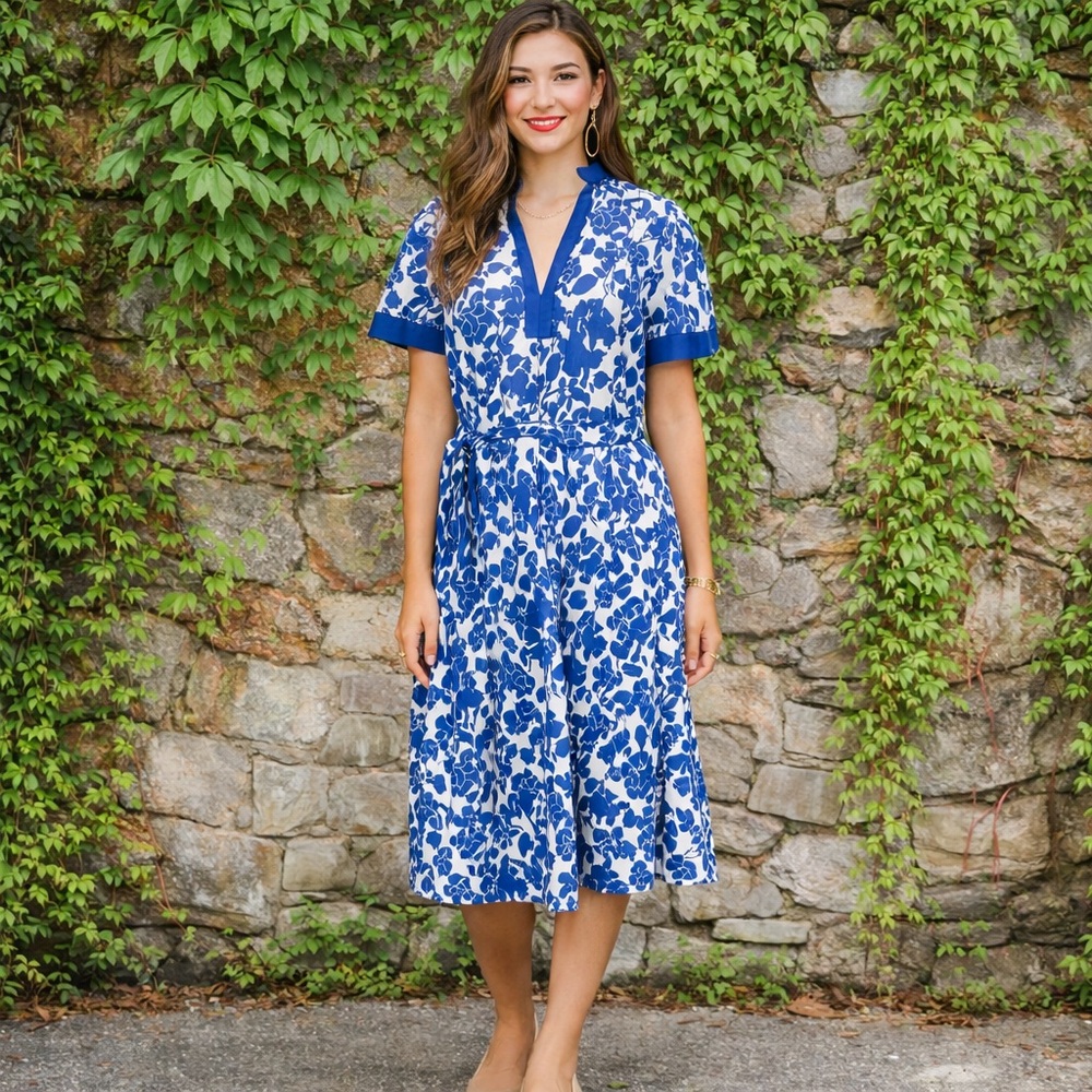PINCH Blue Floral Southern Preppy Puff Sleeve Cotton Dress, S